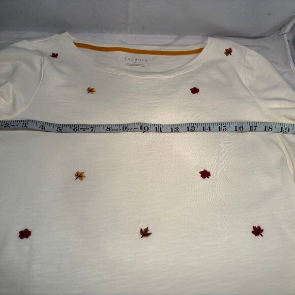 Talbots Long Sleeve Fall Autumn Embroidered Leaf Leaves Ivory Medium 100% Cotton - Picture 4 of 9